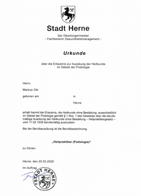 Urkunde von der Stadt Herne über die Erlaubnis zur Ausübung der Heilkunde im Gebiet Podologie für Markus Olk